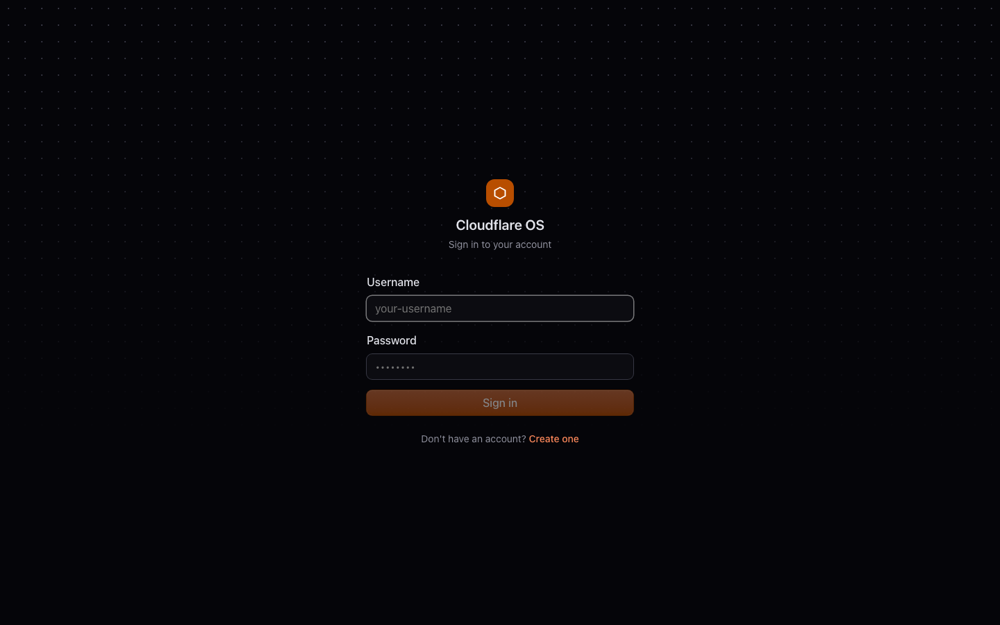 Het startscherm van Cloudflare OS, lokaal draaiend op localhost:8787